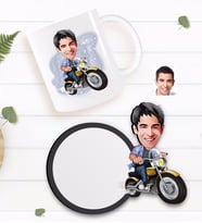 BK Gift Kişiye Özel Erkek Motorcu Karikatürlü Beyaz Kupa ve Ahşap Bardak Altlığı Hediye Seti-1