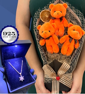 Büyük Boy Peluş Ayıcık Buketi ve Işıklı Kutusunda 925 Ayar Gümüş Lotus Kolye (Model 4)