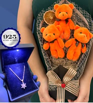 Büyük Boy Peluş Ayıcık Buketi ve Işıklı Kutusunda 925 Ayar Gümüş Lotus Kolye (Model 4)