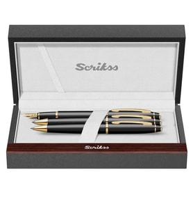 Scrikss Noble 35 Dolma Kalem, Tükenmez Kalem, Mekanik Kurşun Kalem Üçlü Set Mat Siyah - Altın 