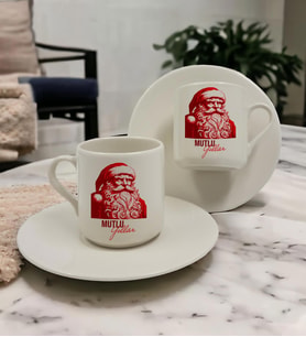 Mutlu Yıllar Baskılı 2'li Türk Kahve Fincanı Noel Yılbaşı Hediye Seti (Beyaz)