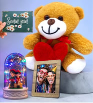 Kişiye Özel Hediye Renkli Led Işıklı Oturan Çiftli Fanus, Peluş Ayıcık ve Fotoğraf