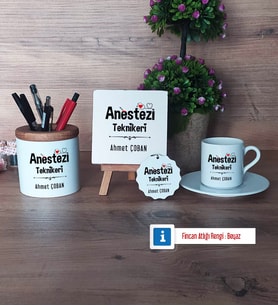 Anestezi Teknikeri Hediye Seti Dekoratif Taş, Kalemlik, Ahşap Altlıklı Türk Kahvesi Fincanı, Ahşap Anahtarlık Hediye (Model 2)