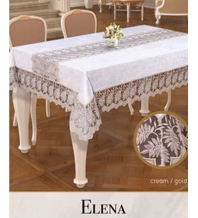 Keten İşlemeli Elena Model 160x260 cm Krem-Gold Dantelli Masa Örtüsü Şık Tasarım