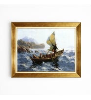Tablore Balıkçı Teknesi Deniz Yağlı Boya Tablosu - Fırtınalı Deniz ve Dağlar, Altın Çerçeve