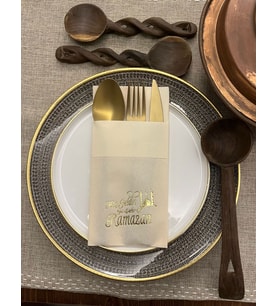 Gold Yaldızlı Krem Kumaş Dokulu Hoş Geldin Ya Şehri Ramazan Cepli Peçete 6 lı