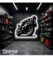 Destina Ahşap Motosiklet Temalı Led Tablo- Kişiselleştirilebilir. (Beyaz)