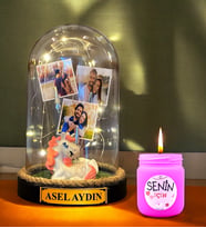 Kişiye Özel İsimli 3 Fotoğraflı Fanus ve Pembe Mis Kokulu Mum  Kişiye Özel Hediye Seti (Model 5)