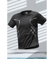 Ghassy Co. Erkek Ultra Esnek Nem Emici Vücut Geometrik Hızlı Kuruyan Hafif Spor T-shirt (Siyah)