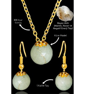 Sertifikalı Gold Küre Model Beyaz Akik Taşı Kolye ve Küpe Seti - Gümüş Aparatlı (Çok Renkli)