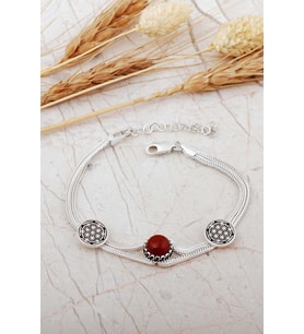 Midyat Hasırı Akik Taşlı Yaşam Çiçeği Gümüş Bileklik 4791