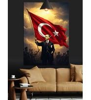 Türk Bayrağı Tutan Mustafa Kemal Atatürk Dekoratif Kanvas - Mdf Ahşap Tablo