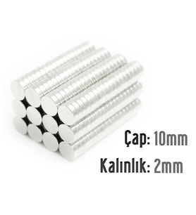 Neodyum Mıknatıs Silindir Çap 10mm , Kalınlık 2mm   ( 10 Adet)