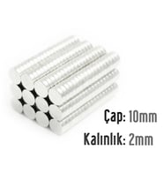 Neodyum Mıknatıs Silindir Çap 10mm , Kalınlık 2mm   ( 10 Adet) (Metal)