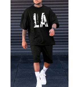 Unisex Los Angles Baskılı Şort Takım (Siyah)