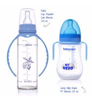Isıcam Kulplu Biberon 240 ml & Geniş Ağız Kulplu PP Biberon 250 ml İkili Ekonomik Biberon Seti (Mavi)