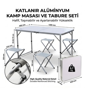 Katlanabilir Alüminyum Kamp Masası ve 4 lü Tabure Seti