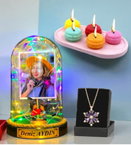 Size Özel Renkli Led Işıklı Fanus, Kokulu Mum ve Gerçek Ametist Taşlı Lotus Kolye (Model 6)