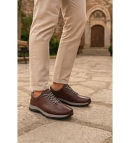 Growish GR0285 Hakiki Deri Yeni Nesil Hafif Faylon Taban Lastik Bağcıklı Siyah Erkek Sneaker Yürüyüş Ayakkabısı (Kahverengi)