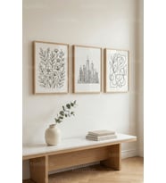 Minimal Line Art Çiçek ve Şehir 3’lü Ahşap Çerçeveli Tablo Seti