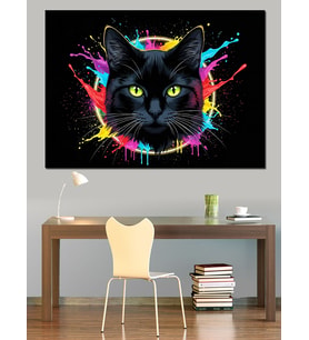 Neon Işıklı Mistik Kedi Portresi Dekoratif Kanvas - Mdf Ahşap Tablo