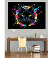 Neon Işıklı Mistik Kedi Portresi Dekoratif Kanvas - Mdf Ahşap Tablo