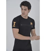 Erkek Baskılı T-Shirt Kısa Kol Bisiklet Yaka Göğüs Fermuarlı Slimfit Tişört - Siyah