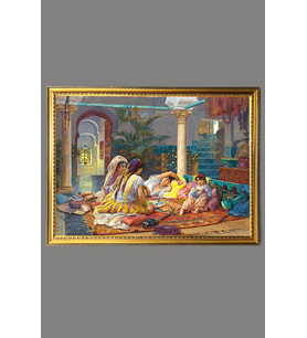 Haremde Yaşam Desenli Dijital Baskılı Kadife Kumaş Çerçeveli Tablo TBL0066 (Çok Renkli)