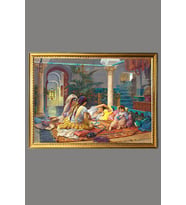 Haremde Yaşam Desenli Dijital Baskılı Kadife Kumaş Çerçeveli Tablo TBL0066 (Çok Renkli)