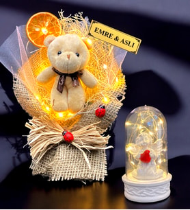 Size Özel İsimli Led Işıklı Ayıcık Temalı Buket ve Led Işıklı Beyaz Melek (Model 6)