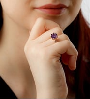 925 Ayar Rose Kaplama Zirkon Taşlı Gümüş Lotus Çiçeği Kadın Yüzük (Mor)