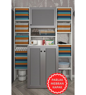 Kenzlife membran çamaşır makinesi dolabı kasparovmaksduble gribyz panjur 180*126*55-20 mebran kapak suntalam gövde banyo kapaklı arkalıksız (Beyaz-Gri)