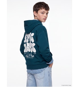 LCW Kids Petrol Kapüşonlu Nyc Baskılı Erkek Çocuk Kalın Sweatshirt