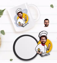 BK Gift Kişiye Özel Erkek Chef Karikatürlü Beyaz Kupa ve Ahşap Bardak Altlığı Hediye Seti-12