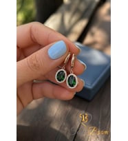 Oval Gümüş Küpe Yeşil Beyaz Zirkon Taşlı