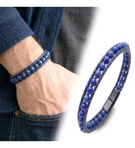 Moncuk Design 6mm Lapis Taşlı Deri Kordon Ve Çelik Erkek Bileklik 33512B2D6M14