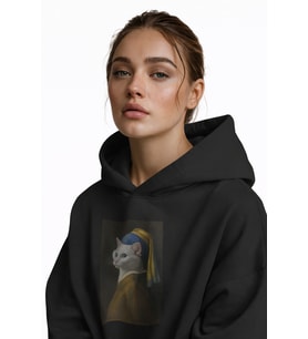 Kadın İnci Küpeli Kedi Baskılı Siyah Hoodie – 3 İplik Şardonlu Kapüşonlu Sweatshirt