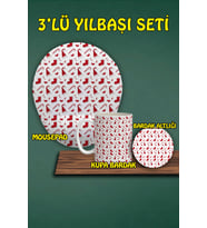Yılbaşı Temalı 3'lü Bilek Destekli Mousepad Kupa ve Bardak Altlığı Seti