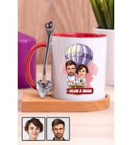 Eşe Hediye Uçan Balon Temalı Karikatürlü Ahşap Altlıklı Kırmızı Kupa Bardak
