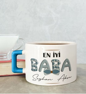 BK Gift Kişiye Özel Babalar Günü Tasarımlı Mavi Kulplu Çay & Kahve Fincanı-11, Babaya Hediye, Babalar Günü Hediyesi