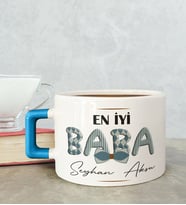 BK Gift Kişiye Özel Babalar Günü Tasarımlı Mavi Kulplu Çay & Kahve Fincanı-11, Babaya Hediye, Babalar Günü Hediyesi