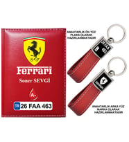 Plakanıza Özel Ferrari Logolu Kırmızı Ruhsat Kabı ve Anahtarlık