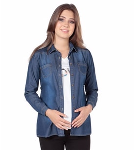 Hamile Kot Gömlek Düz Model Mavi Mavi