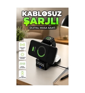 Kablosuz Şarjlı Dijital Masa Saati – 3 Seviyeli LED Parlaklık