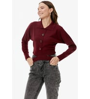 Parça Detaylı Polo Yaka Düğmeli Triko Crop - Bordo