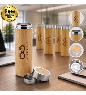 Logonuza Özel 5 Adet 5316 Bambu Çelik Termos 500 ml Filtreli Kurumsal Termos