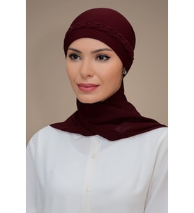 Bordo Pratik Hazır Geçmeli Tesettür Bone Sandy Kumaş Örgülü Güllü Şifon Atkılı 1203A_16