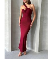 Krinkıl tek omuz uzun elbise bordo s25455