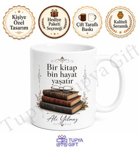 Kitap Kurdu Temalı Baskılı Kupa Bardak Hediye Kitap Okuyucuya Özel Tasarım