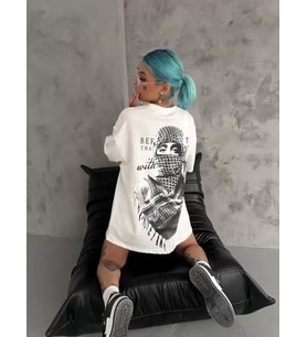 Unisex Baskılı Oversize T-Shirt - Beyaz